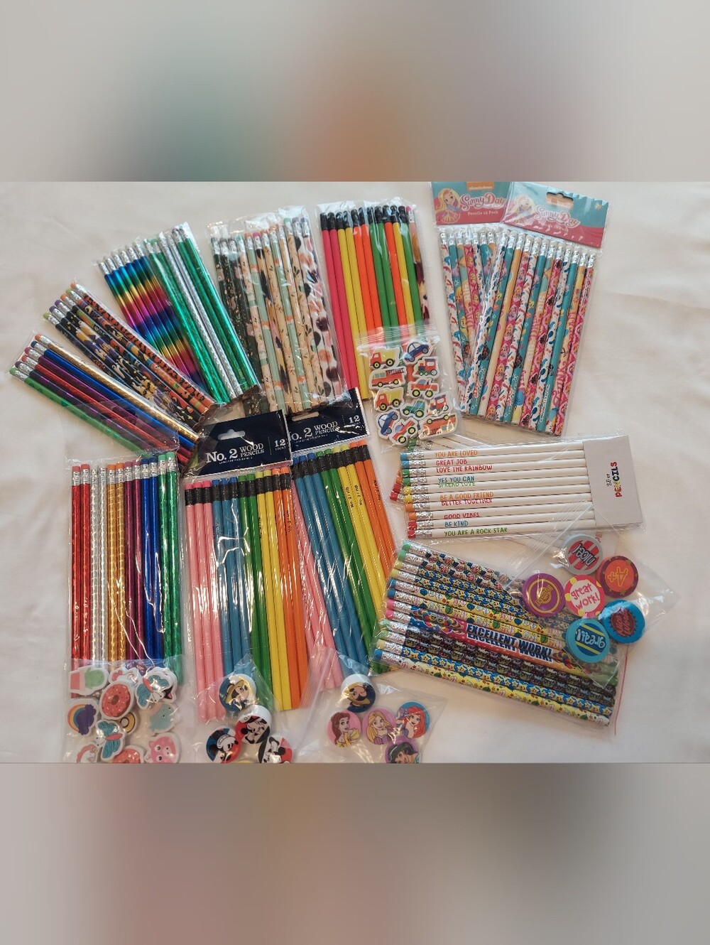 NWT Assorted Colorful Party Pencil Packs - Multicolor-Extra Erasers - 180 Pieces